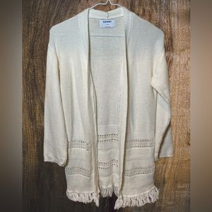 Girls White Long Open Front Cardigan - Size L (10-12)